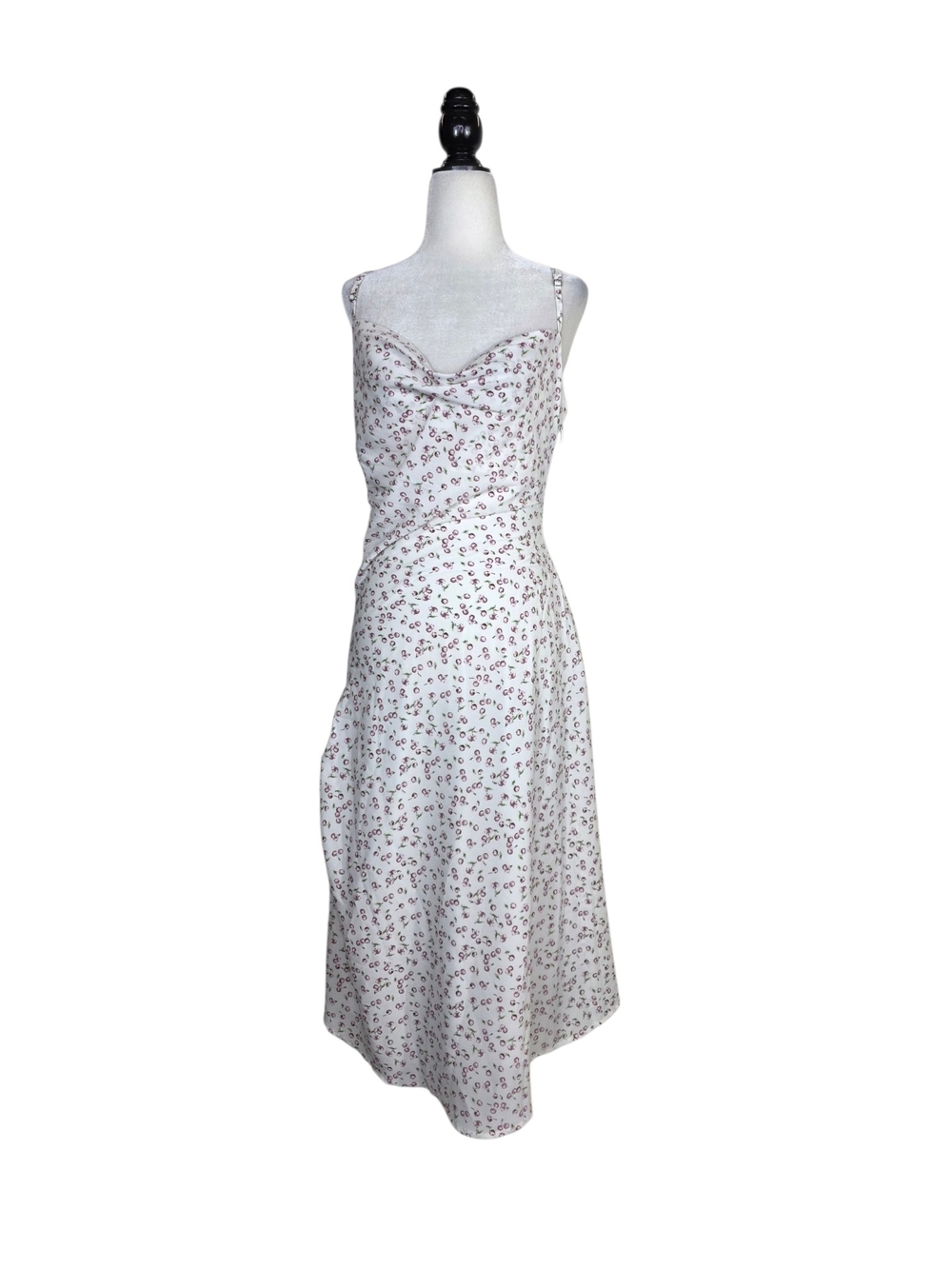 Miss Circle Cherry print Midi Dress Semi cowl Neckline & Ruched adjust side slit